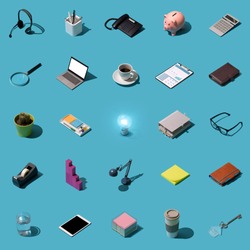 Collection of office objects, electronic devices and tools, business and office work background