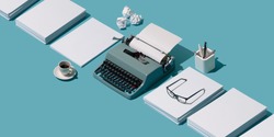 Vintage typewriter's header and piles of blank sheets, old-timey writer and blogger concept, isometric objects