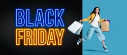 Black friday advertisement with cheerful shopping girl holding lots of bags, sale and offers concept