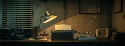 Office desk with vintage typewriter and blank sheet, 1950s film noir style