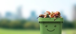 Smiling cute garbage bin character full of organic biodegradable waste, separate waste collection and recycling concept