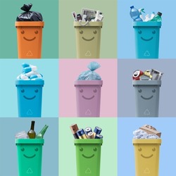 Cute smiling garbage bin characters with different types of waste, seperate waste collection and recycling concept