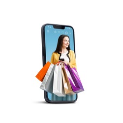 Happy young woman holding many shopping bags in a smartphone screen, online shopping offers, isolated on white background