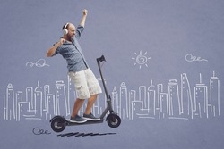Man riding a scooter hands free and dancing, sketched city in the background