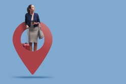 Traveling businesswoman woman in a GPS pin, travel and business trip concept