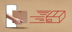 Courier delivering a parcel on smartphone screen and package icon, fast delivery service mobile app