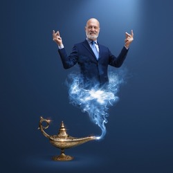 Corporate businessman genie coming out from a magic lamp, he is snapping fingers and fulfilling your wishes