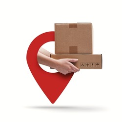 Courier delivering parcels in a GPS pin: express delivery and delivery tracking service, blank copy space