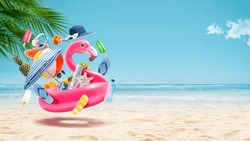 Happy inflatable flamingo going to the tropical beach surrounded by beach items, summer vacations concept
