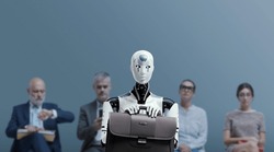 Business people and humanoid AI robot sitting and waiting for a job interview: AI vs human competition