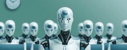 Many identical AI robots sitting at desk in the office and working with computers, one robot is looking at camera: artificial intelligence and robotization effects on employment
