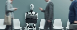 Business people and humanoid AI robot sitting and waiting for a job interview: AI vs human competition