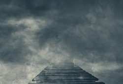Old ruined wooden pier and dark cloudy sky, horror and darkness background