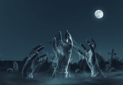Creepy zombies rising from their graves in the cemetery, horror and Halloween concept