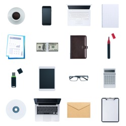 Business desktop objects isolated on white background: laptop, tablet, smartphone, calculator usb stick, paperwork and other items, top view