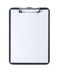 Black clipboard with blank white sheet attached on white background