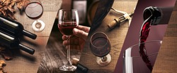 Wine tasting and winemaking photo collage with wine glasses and bottles