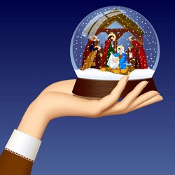 Woman's hand holding a Xmas snow globe with Scene of the Nativity of Christ and Adoration of the Magi against a dark blue background. Vector illustration