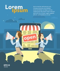 E-shop, online store, internet shop promotion advertisement presentation illustration. Grand opening.