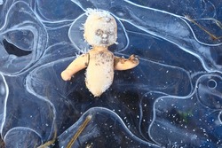 doll broken horror, winter frost ice, background fear abandoned lost child