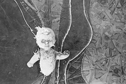 doll broken horror, winter frost ice, background fear abandoned lost child