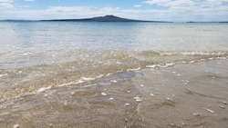 A peaceful summer day in the shallow water at Auckland's Takapuna Beach, with Rangitoto volcano in the distance