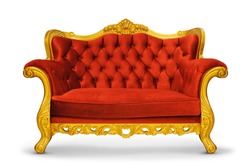 luxury classic thron red sofa velvet decorate with gold  with clipping path