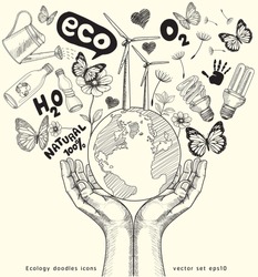 Green world concept. Tree on the earth in hands . Ecology doodles icons vector set.