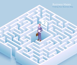 Business maze conceptual design. Businessman standing at labyrinth and thinking of finding a way out vector illustration.