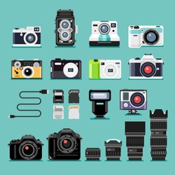 Set of camera flat icons. Vector illustration.