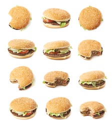 Fresh cooked hamburger isolated over the white background, set of multiple different foreshortenings