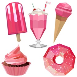 Sweet delicious icons of pink ice cream, ice lolly, cup cake, milkshake and doughnut in low poly design styled in vector format
