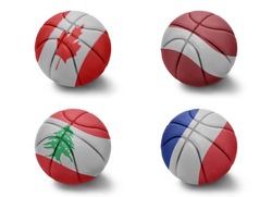 basketball balls with the colored national flags of france canada lebanon latvia on the white background. Group h