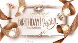 Birthday party banner with golden textured ribbon. Vector illustration