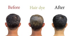 Middle-aged Asian people aged the 30s or 40s have gray or white hair before using black dye and after dyeing their hair with copy space on isolated white background. Clipping path in the picture.