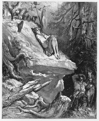 Don Quijote in Sierra Morena, thinking of Dulcinea - Picture from The History of Don Quixote book,  published in 1880, London - UK. Drawings by Gustave Dore.