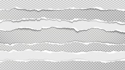 Torn, ripped pieces of white and grey paper with soft shadow are on grey squared background for text. Vector illustration