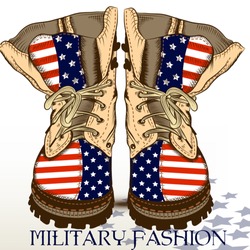 Fashion hand drawn boots in military style with USA flag