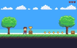 Pixel art game scene with ground, grass, trees, sky, clouds, character, coins, treasure chests and 8-bit heart