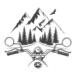 Explore graphic vector illustration of motorcycle front and mountains. Travel, outdoor, adventure symbol. Racing chopper club emblem. Hand drawn engraving style for tattoo, print, sticker design