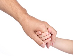Child hold the hand of father isolated