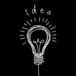 Vector light bulb icon with concept of idea. Doodle hand drawn sign. Illustration for print, web