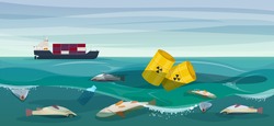 Dead fish and toxic waste barrels floating on ocean. Cargo ship on the horizon.  Concept of environmental disaster. Vector illustration 