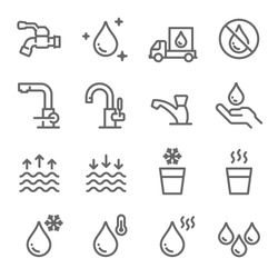 Water Icon Set. Contains such Icons as Tap, Faucet, Hot Water, No Water, Delivery and more. Expanded Stroke