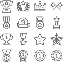 Winner Victory Prize icon set vector illustration. Contains such icon as medal with star, trophy, ranking, finish flag, 1st place star and more. Expanded Stroke