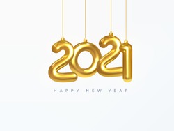 2021 New Year card. Design of Christmas decorations hanging on a gold chain gold number 2021. Happy new year. Realistic 3d. Vector illustration