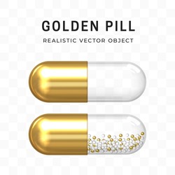 Gold pill. Capsule with a gold and transparent part with white and gold granules. Isolated pharmaceutical product. Drug design. Health care and medicine, health and beauty concept. Realistic 3D Vector