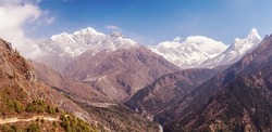 View of Mount Taboche, Everest, Nuptse, Lhotse and Ama Dablam in the Nepal Himalayas, Everest Base Camp Trek.