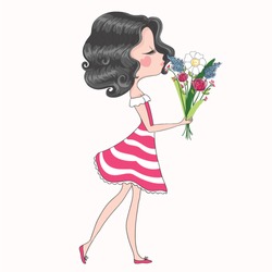 Cute girl with flowers.Children illustration.