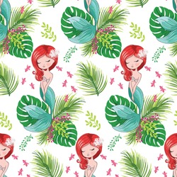 Hawaiian mermaid pattern design.Wreath and garland of flowers, a skirt of grass. Holidays in the Hawaiian Islands. Vector illustration. Funny character in the style of a cartoon.